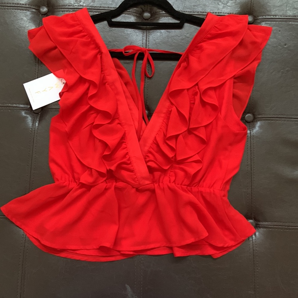 Wayf Size M Red Red Flutter Sleeve Blouse Cropped… - image 3